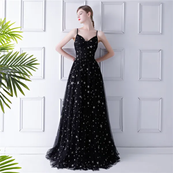 Elegant Black Prom Dresses 2019 A-Line / Princess Spaghetti Straps Sleeveless Star Embroidered Floor-Length / Long Ruffle Backless Formal Dresses