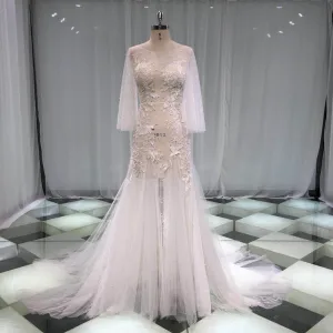 Illusion Sexy Transparentes Plage Été Ivoire Trompette Sirène Robe De Mariée 2019 Encolure Dégagée Manches Longues Appliques En Dentelle Perle Tribunal Train Volants