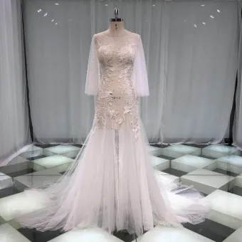 Illusion Sexy See Through Beach Summer Ivory Trumpet Mermaid Wedding Dresses 2019 Scoop Neck Long Sleeve Appliques Lace Pearl Court Train Ruffle
