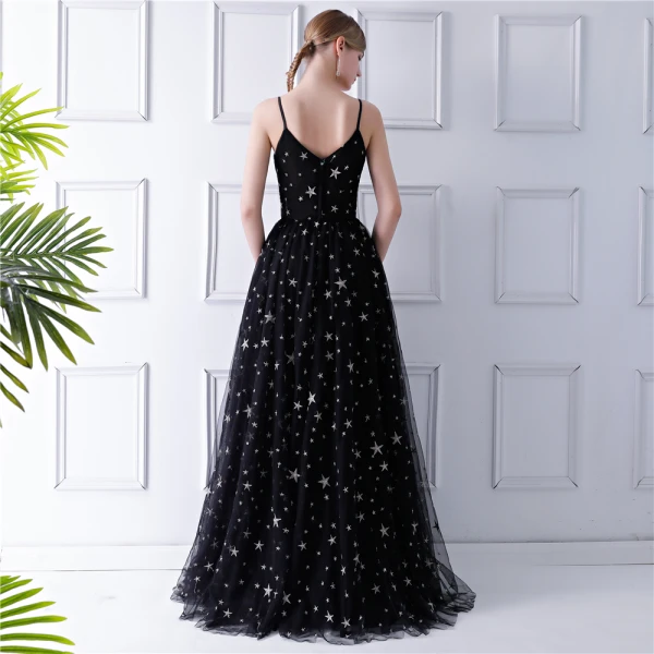 Élégant Noire Robe De Bal 2019 Princesse Bretelles Spaghetti Sans Manches Étoile Brodé Longue Volants Dos Nu Robe De Ceremonie