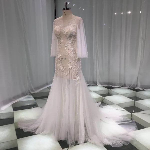 Illusion Sexy See-through Beach Summer Ivory Trumpet / Mermaid Wedding Dresses 2019 Scoop Neck Long Sleeve Appliques Lace Pearl Court Train Ruffle