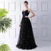 Elegant Black Prom Dresses 2019 A-Line / Princess Spaghetti Straps Sleeveless Star Embroidered Floor-Length / Long Ruffle Backless Formal Dresses