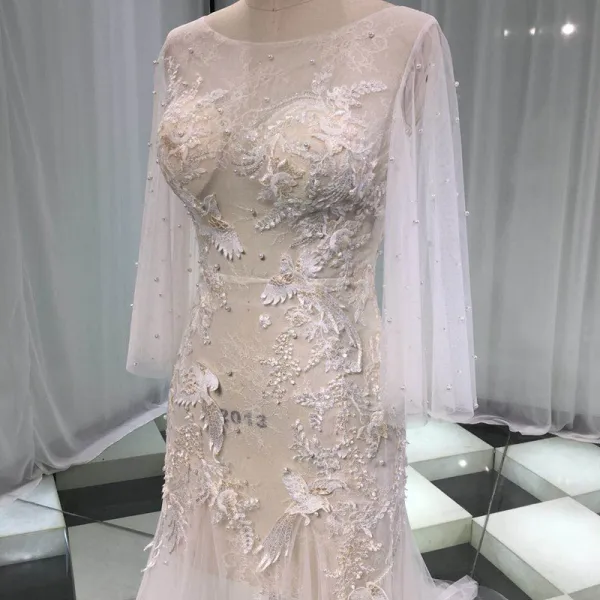 Illusion Sexy See-through Beach Summer Ivory Trumpet / Mermaid Wedding Dresses 2019 Scoop Neck Long Sleeve Appliques Lace Pearl Court Train Ruffle