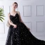 Élégant Noire Robe De Bal 2019 Princesse Bretelles Spaghetti Sans Manches Étoile Brodé Longue Volants Dos Nu Robe De Ceremonie