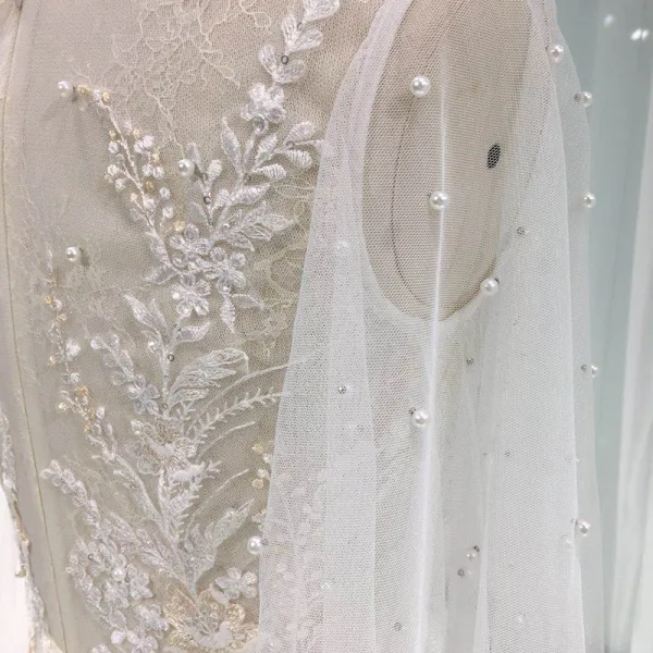 Illusion Sexy See-through Beach Summer Ivory Trumpet / Mermaid Wedding Dresses 2019 Scoop Neck Long Sleeve Appliques Lace Pearl Court Train Ruffle