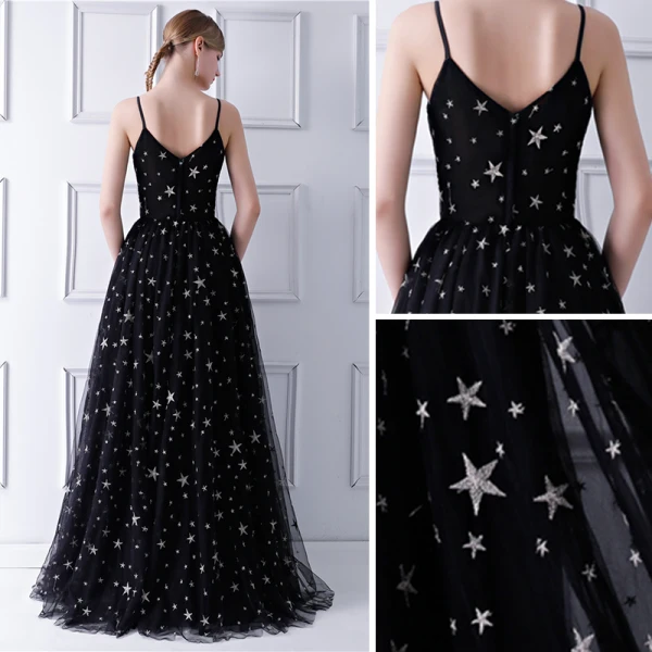 Élégant Noire Robe De Bal 2019 Princesse Bretelles Spaghetti Sans Manches Étoile Brodé Longue Volants Dos Nu Robe De Ceremonie
