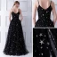 Élégant Noire Robe De Bal 2019 Princesse Bretelles Spaghetti Sans Manches Étoile Brodé Longue Volants Dos Nu Robe De Ceremonie