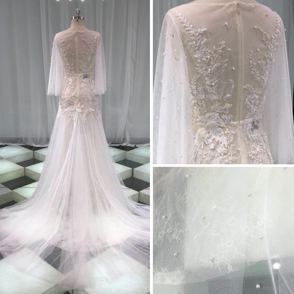 Illusion Sexy See-through Beach Summer Ivory Trumpet / Mermaid Wedding Dresses 2019 Scoop Neck Long Sleeve Appliques Lace Pearl Court Train Ruffle