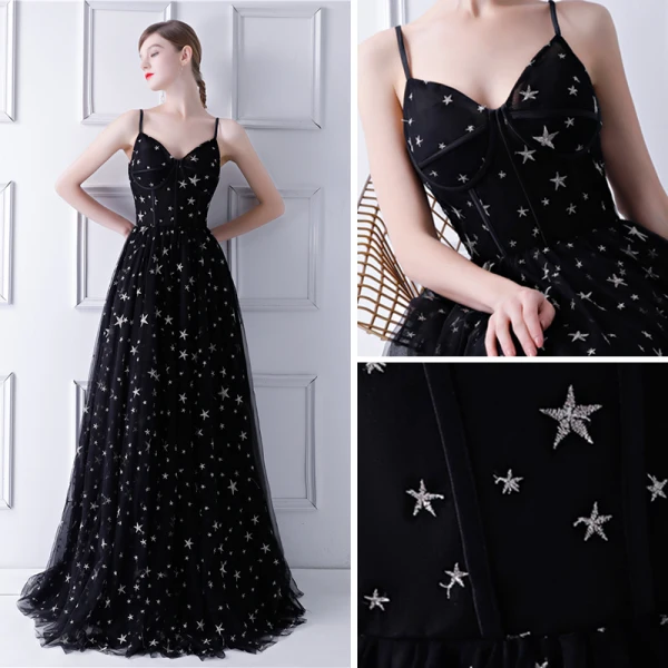 Élégant Noire Robe De Bal 2019 Princesse Bretelles Spaghetti Sans Manches Étoile Brodé Longue Volants Dos Nu Robe De Ceremonie