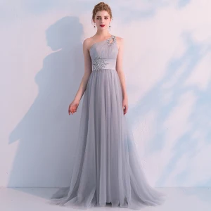 Elegant Grå Selskapskjoler 2019 Empire En Skulder Uten Ermer Rhinestone Feie Tog Ryggløse Buste Formelle Kjoler