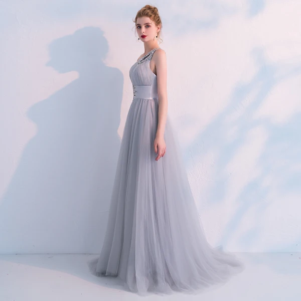 Elegante Grau Abendkleider 2019 Empire One-Shoulder Ärmellos Strass Sweep / Pinsel Zug Rückenfreies Rüschen Festliche Kleider