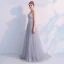Elegante Grau Abendkleider 2019 Empire One-Shoulder Ärmellos Strass Sweep / Pinsel Zug Rückenfreies Rüschen Festliche Kleider