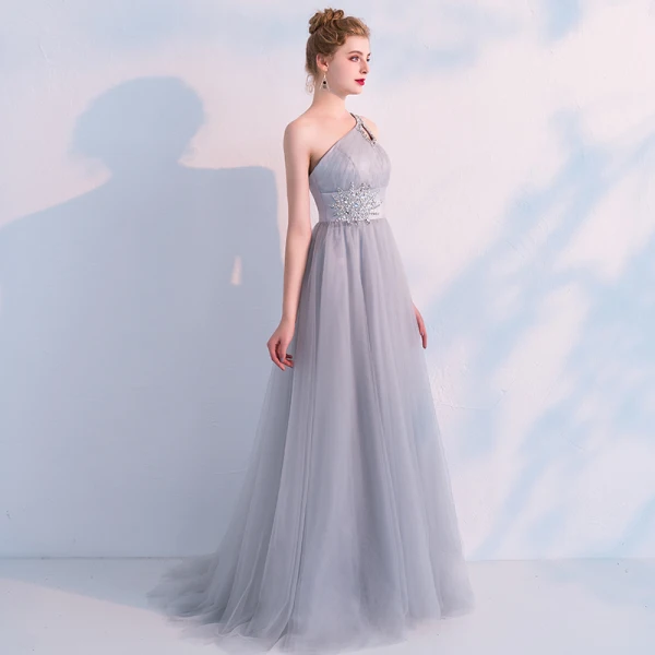 Elegante Grau Abendkleider 2019 Empire One-Shoulder Ärmellos Strass Sweep / Pinsel Zug Rückenfreies Rüschen Festliche Kleider