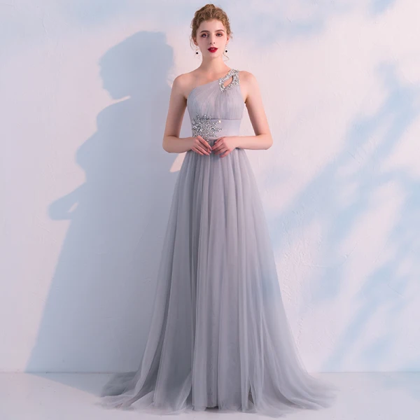 Elegante Grau Abendkleider 2019 Empire One-Shoulder Ärmellos Strass Sweep / Pinsel Zug Rückenfreies Rüschen Festliche Kleider