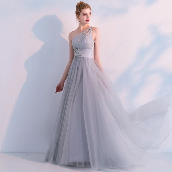 Elegante Grau Abendkleider 2019 Empire One-Shoulder Ärmellos Strass Sweep / Pinsel Zug Rückenfreies Rüschen Festliche Kleider