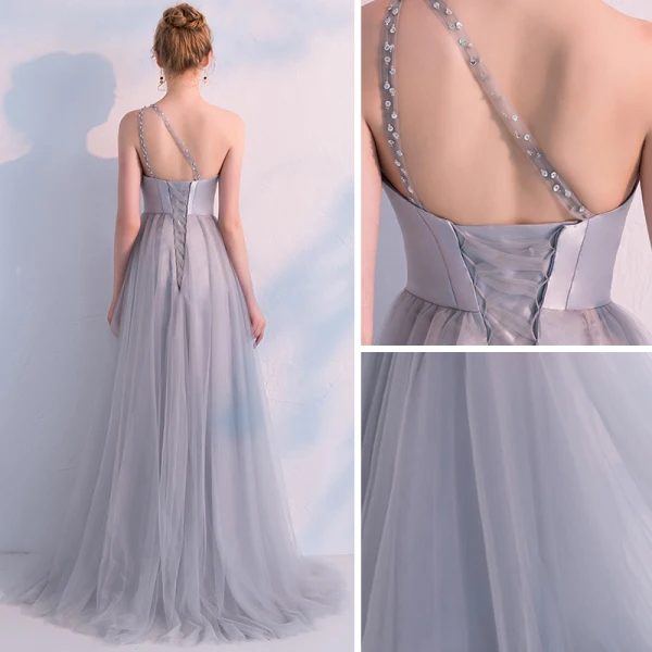 Elegante Grau Abendkleider 2019 Empire One-Shoulder Ärmellos Strass Sweep / Pinsel Zug Rückenfreies Rüschen Festliche Kleider