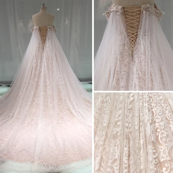 Luksus Champagne Blonder Brudekjoler 2019 Prinsesse Kjæreste Av Skulderen Korte Ermer Ryggløse Beading Cathedral Train Buste