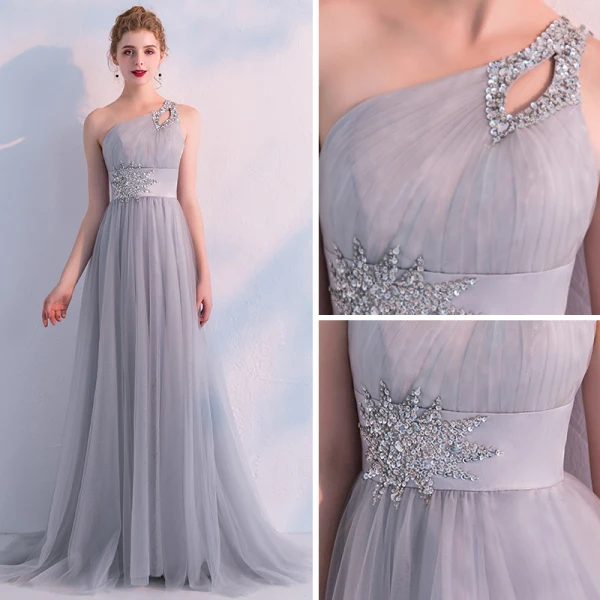 Elegante Grau Abendkleider 2019 Empire One-Shoulder Ärmellos Strass Sweep / Pinsel Zug Rückenfreies Rüschen Festliche Kleider