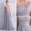Elegante Grau Abendkleider 2019 Empire One-Shoulder Ärmellos Strass Sweep / Pinsel Zug Rückenfreies Rüschen Festliche Kleider