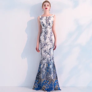 Moderne Mode Ivoire Robe De Soirée 2019 Trompette Sirène Encolure Dégagée Sans Manches Impression Fleur Longue Volants Dos Nu Robe De Ceremonie