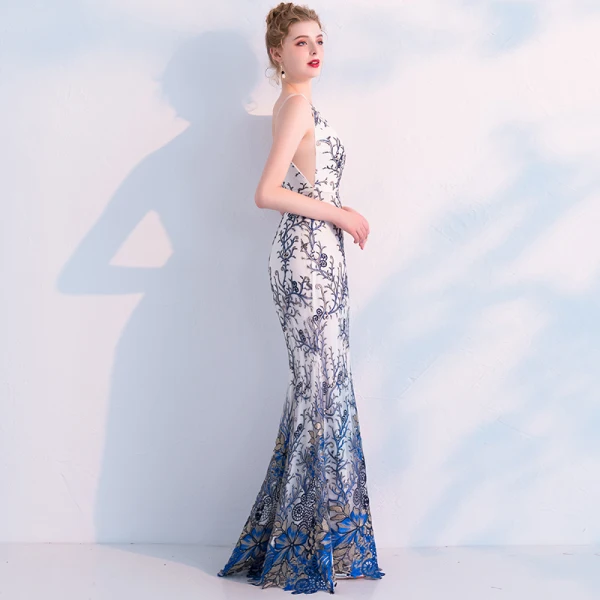 Modern / Fashion Ivory Evening Dresses 2019 Trumpet / Mermaid Scoop Neck Sleeveless Printing Flower Floor-Length / Long Ruffle Backless Formal Dresses