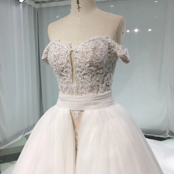 Luksus Champagne Brudekjoler 2019 Trompet / Havfrue Kjæreste Av Skulderen Korte Ermer Ryggløse Appliques Blonder Beading Perle Avtakbar Cathedral Train