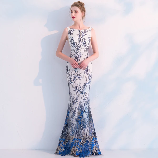 Modern / Fashion Ivory Evening Dresses 2019 Trumpet / Mermaid Scoop Neck Sleeveless Printing Flower Floor-Length / Long Ruffle Backless Formal Dresses