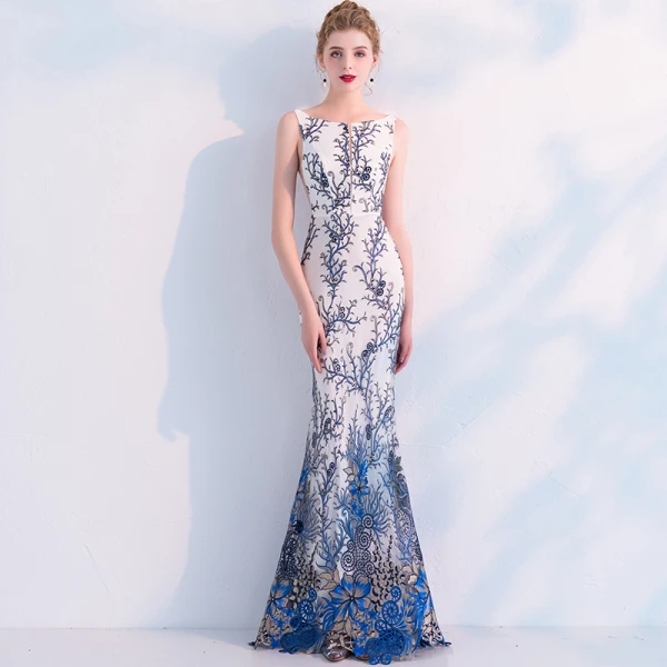 Modern / Fashion Ivory Evening Dresses 2019 Trumpet / Mermaid Scoop Neck Sleeveless Printing Flower Floor-Length / Long Ruffle Backless Formal Dresses