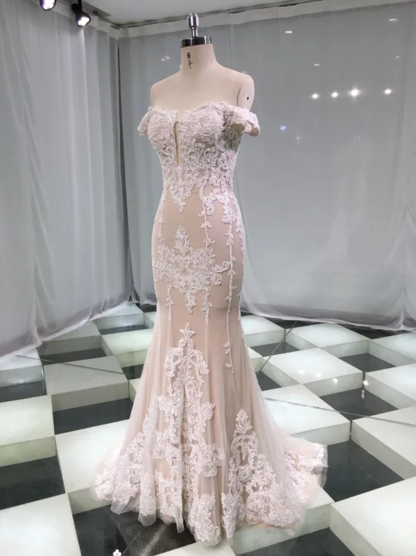 Luksus Champagne Brudekjoler 2019 Trompet / Havfrue Kjæreste Av Skulderen Korte Ermer Ryggløse Appliques Blonder Beading Perle Avtakbar Cathedral Train