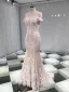 Luksus Champagne Brudekjoler 2019 Trompet / Havfrue Kjæreste Av Skulderen Korte Ermer Ryggløse Appliques Blonder Beading Perle Avtakbar Cathedral Train