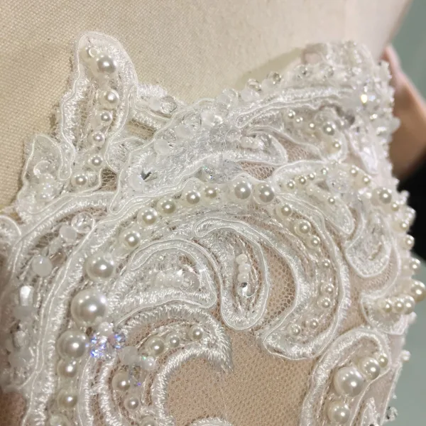 Luksus Champagne Brudekjoler 2019 Trompet / Havfrue Kjæreste Av Skulderen Korte Ermer Ryggløse Appliques Blonder Beading Perle Avtakbar Cathedral Train