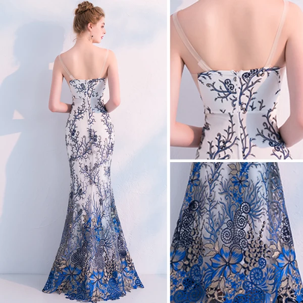 Modern / Fashion Ivory Evening Dresses 2019 Trumpet / Mermaid Scoop Neck Sleeveless Printing Flower Floor-Length / Long Ruffle Backless Formal Dresses