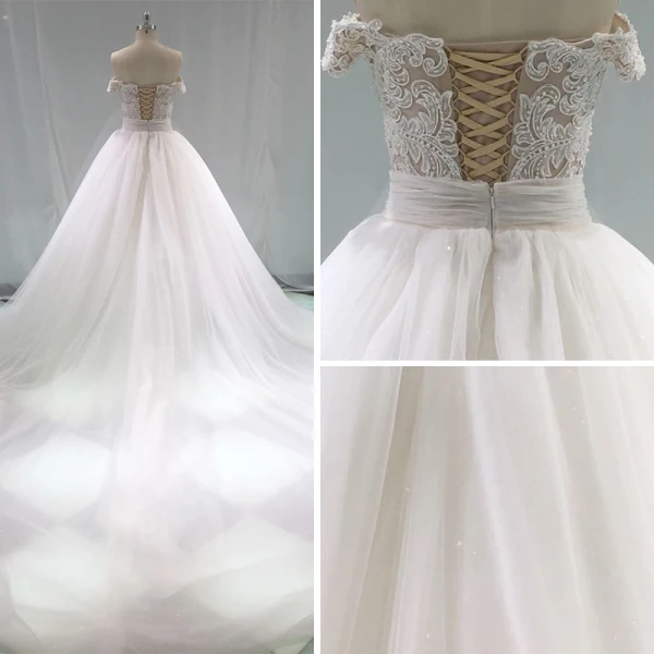 Luksus Champagne Brudekjoler 2019 Trompet / Havfrue Kjæreste Av Skulderen Korte Ermer Ryggløse Appliques Blonder Beading Perle Avtakbar Cathedral Train