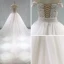 Luksus Champagne Brudekjoler 2019 Trompet / Havfrue Kjæreste Av Skulderen Korte Ermer Ryggløse Appliques Blonder Beading Perle Avtakbar Cathedral Train