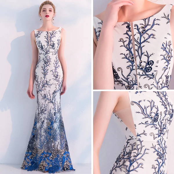 Modern / Fashion Ivory Evening Dresses 2019 Trumpet / Mermaid Scoop Neck Sleeveless Printing Flower Floor-Length / Long Ruffle Backless Formal Dresses