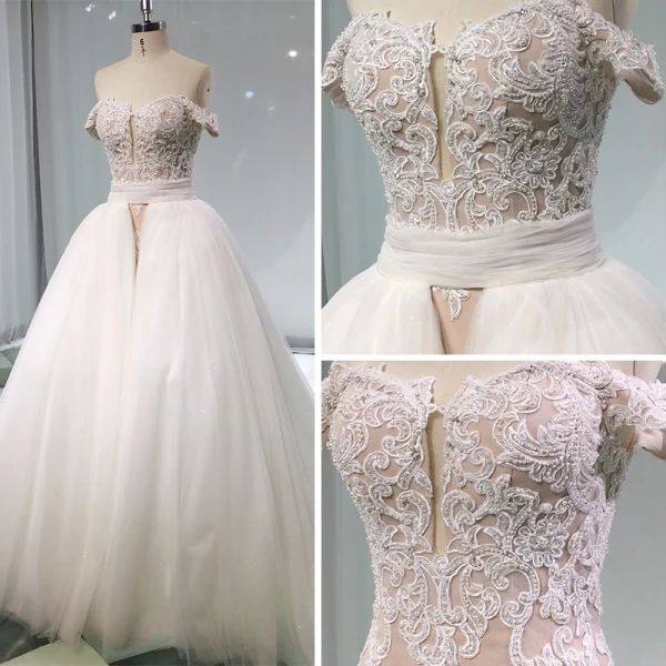 Luksus Champagne Brudekjoler 2019 Trompet / Havfrue Kjæreste Av Skulderen Korte Ermer Ryggløse Appliques Blonder Beading Perle Avtakbar Cathedral Train