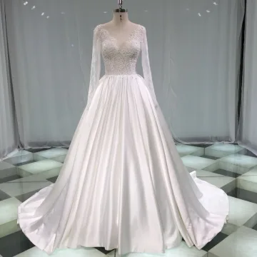 Illusion Ivoire Satin Robe De Mariée 2019 Princesse Col V Profond Manches Longues Dos Nu Perle Perlage Chapel Train Volants