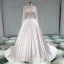 Illusion Ivory Satin Wedding Dresses 2019 A-Line / Princess Deep V-Neck Long Sleeve Backless Pearl Beading Chapel Train Ruffle