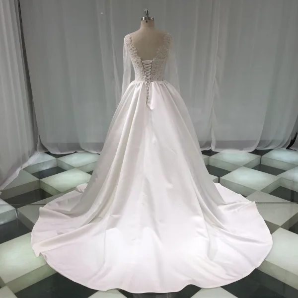 Illusion Ivory Satin Wedding Dresses 2019 A-Line / Princess Deep V-Neck Long Sleeve Backless Pearl Beading Chapel Train Ruffle