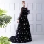 Romantique Noire Transparentes Robe De Soirée 2019 Princesse Encolure Dégagée Gonflée Manches Longues Appliques Paillettes Brodé Train De Balayage Volants Robe De Ceremonie