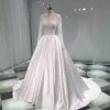 Illusion Ivory Satin Wedding Dresses 2019 A-Line / Princess Deep V-Neck Long Sleeve Backless Pearl Beading Chapel Train Ruffle