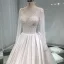 Illusion Ivory Satin Wedding Dresses 2019 A-Line / Princess Deep V-Neck Long Sleeve Backless Pearl Beading Chapel Train Ruffle