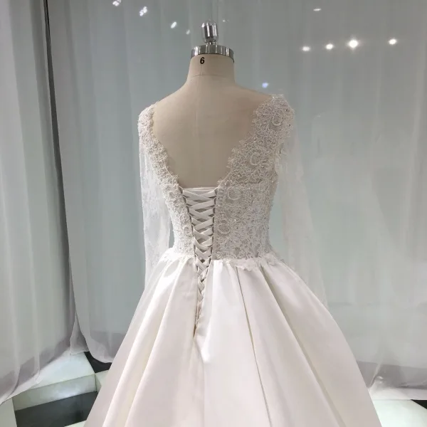 Illusion Ivory Satin Wedding Dresses 2019 A-Line / Princess Deep V-Neck Long Sleeve Backless Pearl Beading Chapel Train Ruffle