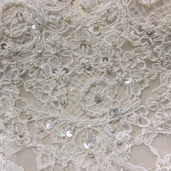 Illusion Ivory Satin Wedding Dresses 2019 A-Line / Princess Deep V-Neck Long Sleeve Backless Pearl Beading Chapel Train Ruffle