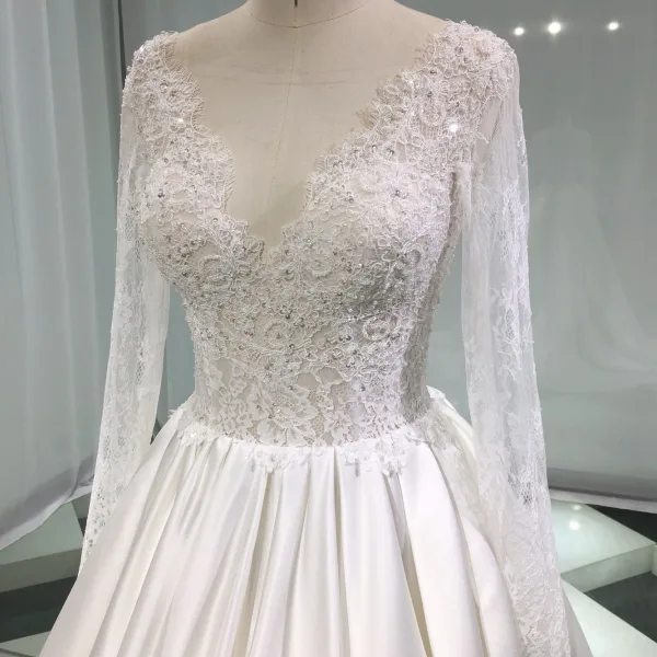 Illusion Ivory Satin Wedding Dresses 2019 A-Line / Princess Deep V-Neck Long Sleeve Backless Pearl Beading Chapel Train Ruffle