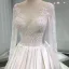 Illusion Ivory Satin Wedding Dresses 2019 A-Line / Princess Deep V-Neck Long Sleeve Backless Pearl Beading Chapel Train Ruffle