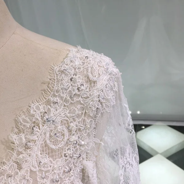 Illusion Ivory Satin Wedding Dresses 2019 A-Line / Princess Deep V-Neck Long Sleeve Backless Pearl Beading Chapel Train Ruffle
