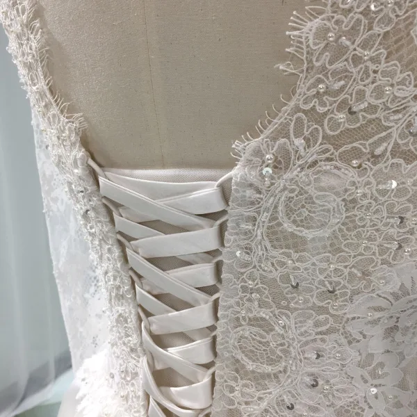 Illusion Ivory Satin Wedding Dresses 2019 A-Line / Princess Deep V-Neck Long Sleeve Backless Pearl Beading Chapel Train Ruffle
