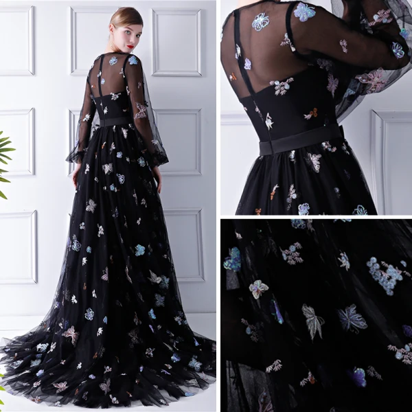 Romantique Noire Transparentes Robe De Soirée 2019 Princesse Encolure Dégagée Gonflée Manches Longues Appliques Paillettes Brodé Train De Balayage Volants Robe De Ceremonie