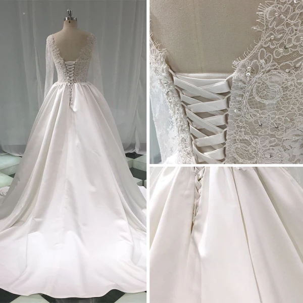 Illusion Ivory Satin Wedding Dresses 2019 A-Line / Princess Deep V-Neck Long Sleeve Backless Pearl Beading Chapel Train Ruffle